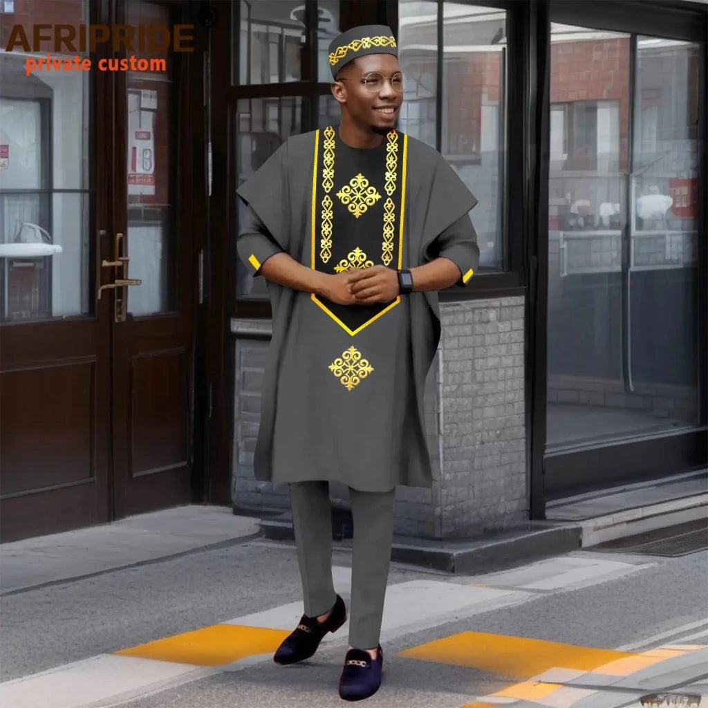 Luxury African Men’s Agbada 4-Piece Set – Embroidered Dashiki Shirt, Pants, Robe & Hat - Free Delivery Worldwide only at Flexi Africa