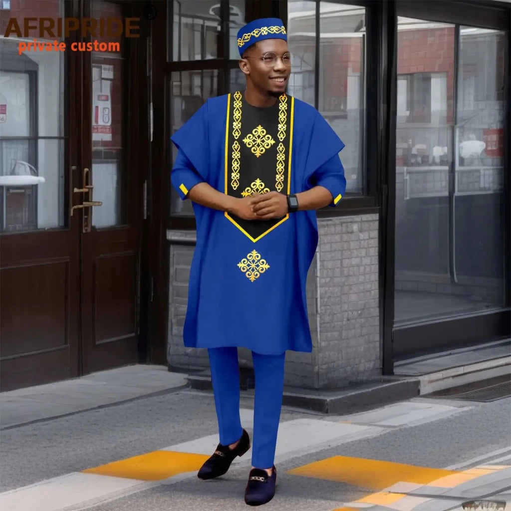 Luxury African Men’s Agbada 4-Piece Set – Embroidered Dashiki Shirt, Pants, Robe & Hat - Free Delivery Worldwide only at Flexi Africa
