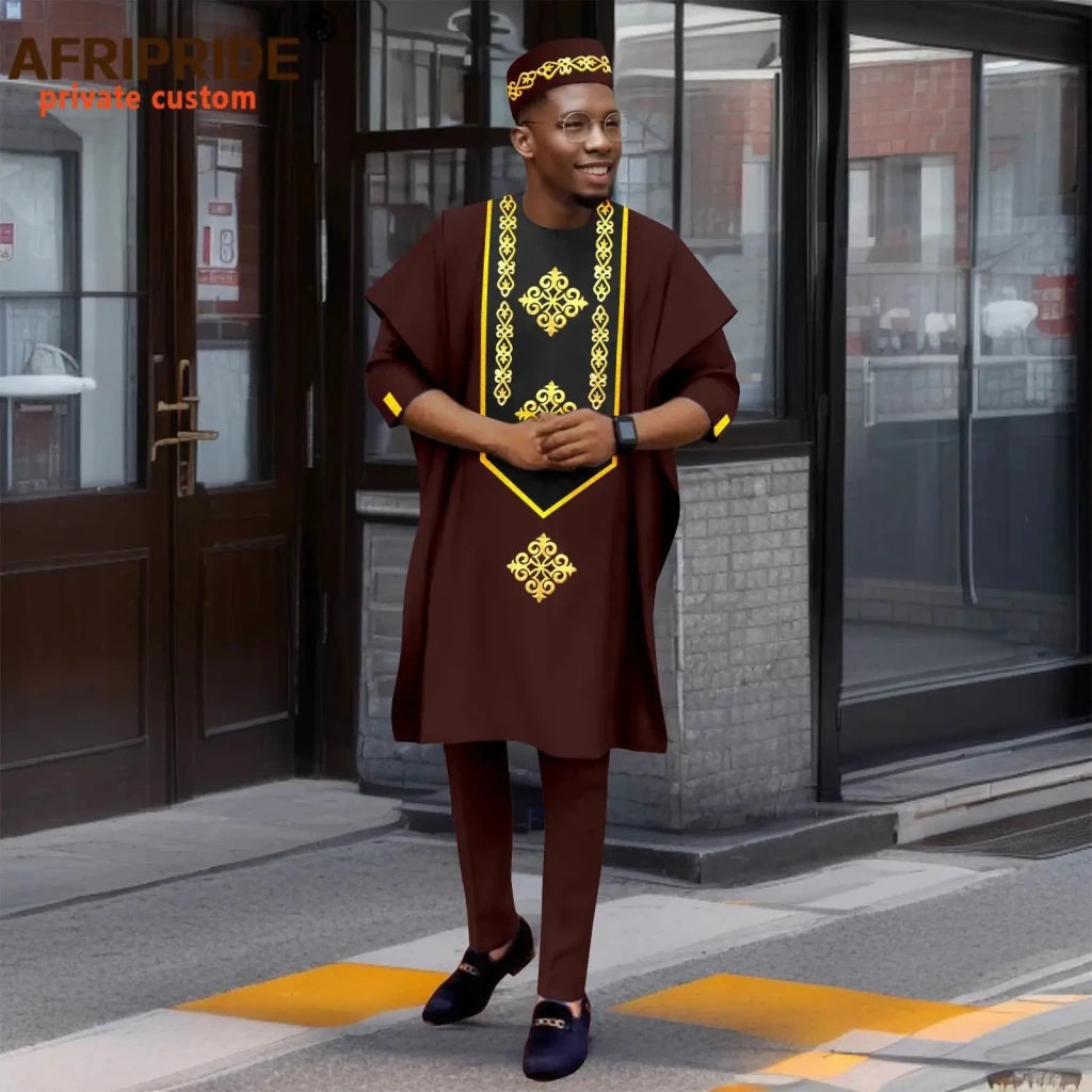 Luxury African Men’s Agbada 4-Piece Set – Embroidered Dashiki Shirt, Pants, Robe & Hat - Free Delivery Worldwide only at Flexi Africa