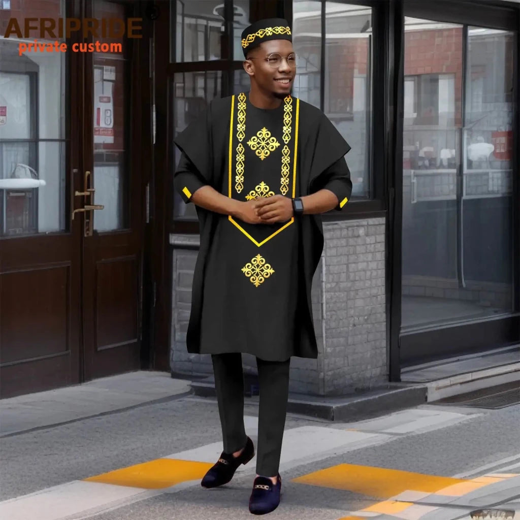 Luxury African Men’s Agbada 4-Piece Set – Embroidered Dashiki Shirt, Pants, Robe & Hat - Free Delivery Worldwide only at Flexi Africa