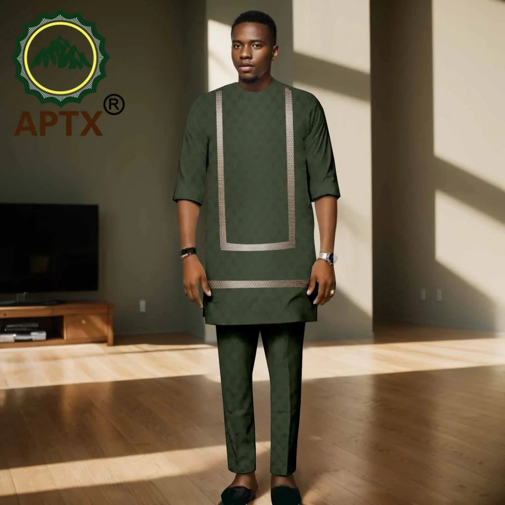 Luxury African Men’s Bazin Riche Embroidered Dashiki Shirt & Pants Set – Traditional Wedding & Party Suit - Free Delivery Worldwide only at Flexi Africa