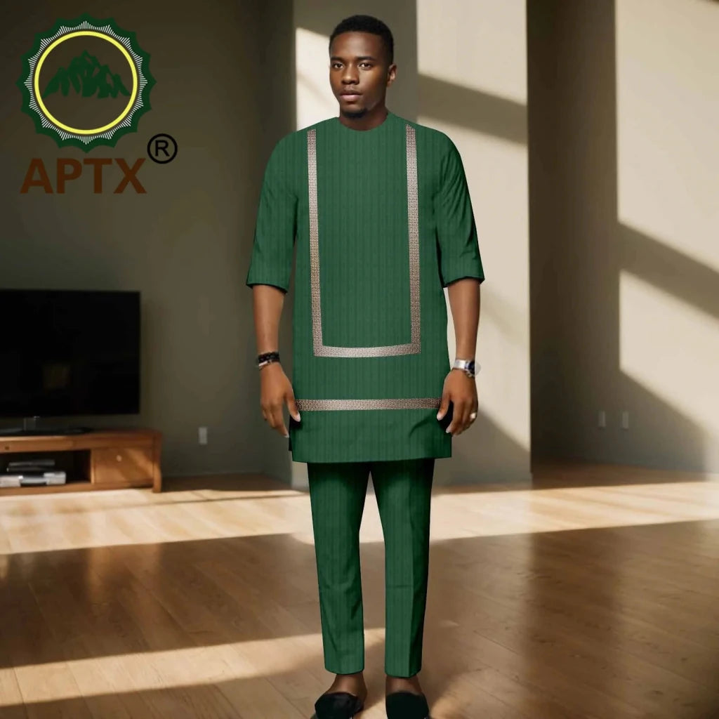 Luxury African Men’s Bazin Riche Embroidered Dashiki Shirt & Pants Set – Traditional Wedding & Party Suit - Free Delivery Worldwide only at Flexi Africa
