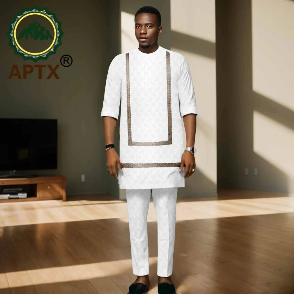 Luxury African Men’s Bazin Riche Embroidered Dashiki Shirt & Pants Set – Traditional Wedding & Party Suit - Free Delivery Worldwide only at Flexi Africa