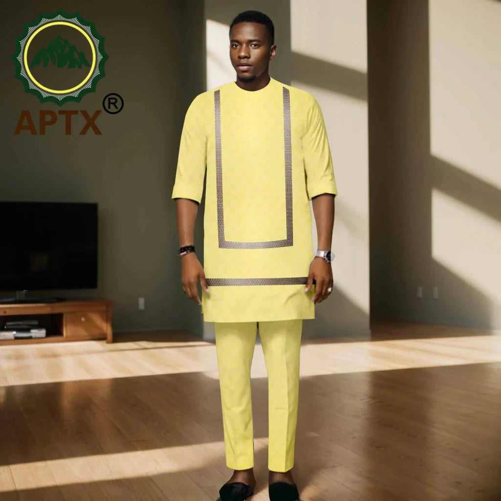 Luxury African Men’s Bazin Riche Embroidered Dashiki Shirt & Pants Set – Traditional Wedding & Party Suit - Free Delivery Worldwide only at Flexi Africa