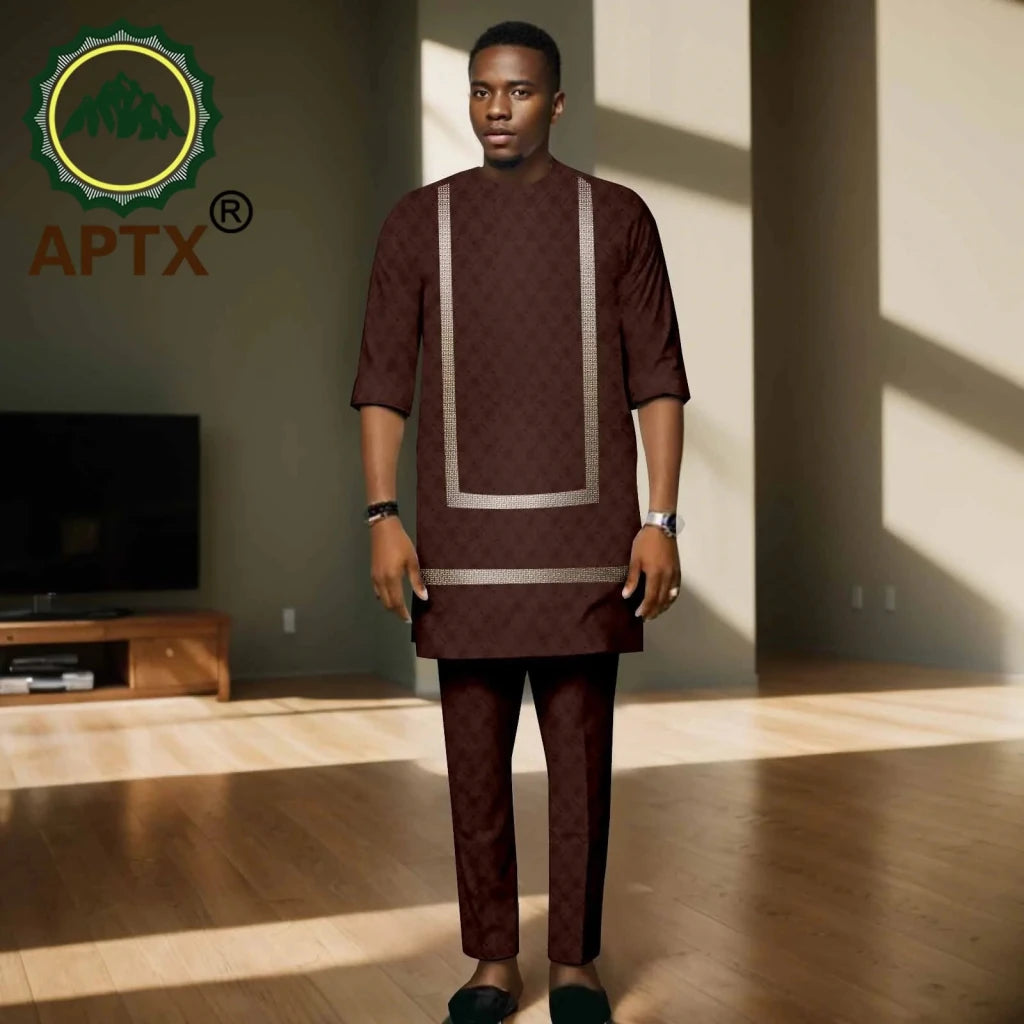 Luxury African Men’s Bazin Riche Embroidered Dashiki Shirt & Pants Set – Traditional Wedding & Party Suit - Free Delivery Worldwide only at Flexi Africa
