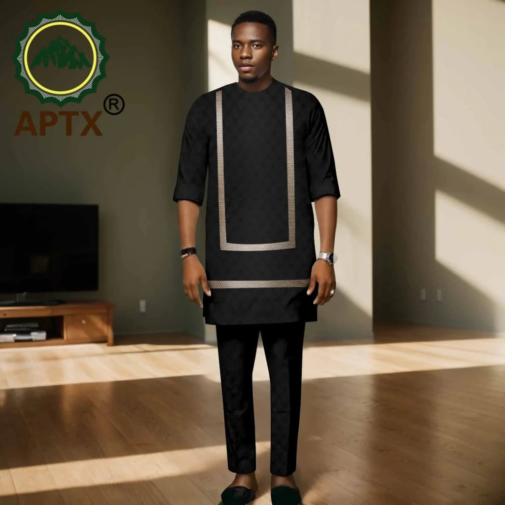 Luxury African Men’s Bazin Riche Embroidered Dashiki Shirt & Pants Set – Traditional Wedding & Party Suit - Free Delivery Worldwide only at Flexi Africa