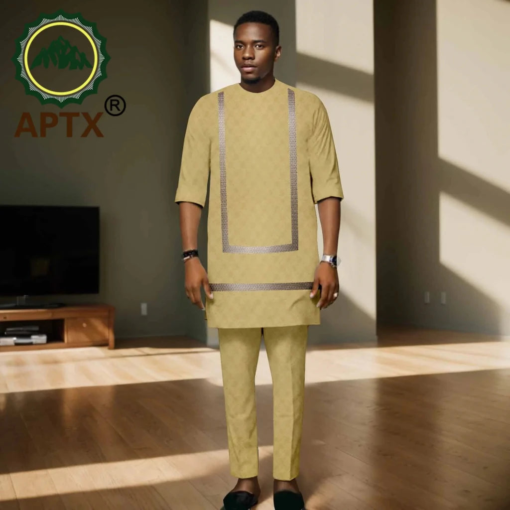 Luxury African Men’s Bazin Riche Embroidered Dashiki Shirt & Pants Set – Traditional Wedding & Party Suit - Free Delivery Worldwide only at Flexi Africa
