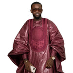 Luxury African Men’s Burgundy Agbada Outfit – Embroidered Bazin Riche Traditional Robe Set - Free Delivery Worldwide only at Flexi Africa