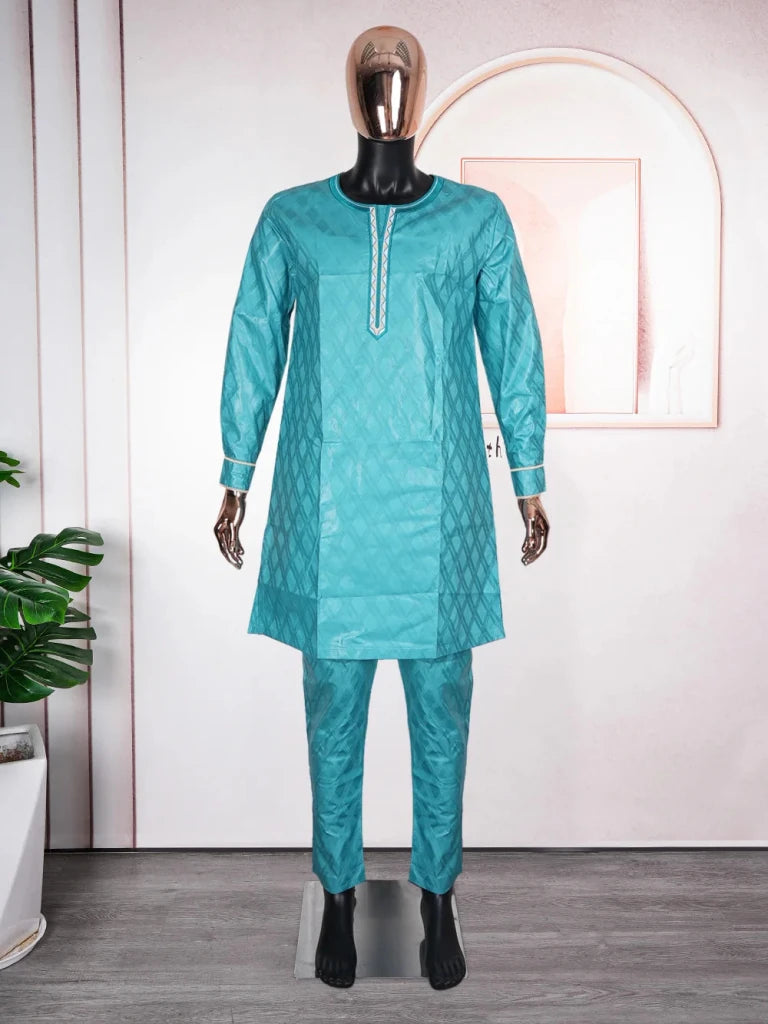 Luxury African Men’s Green Agbada Outfit – Bazin Riche Dashiki Shirt, Pants and Robe Suit - Free Delivery Worldwide only at Flexi Africa