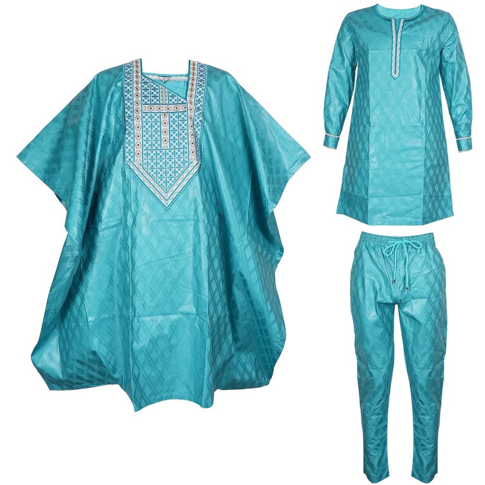 Luxury African Men’s Green Agbada Outfit – Bazin Riche Dashiki Shirt, Pants and Robe Suit - Free Delivery Worldwide only at Flexi Africa