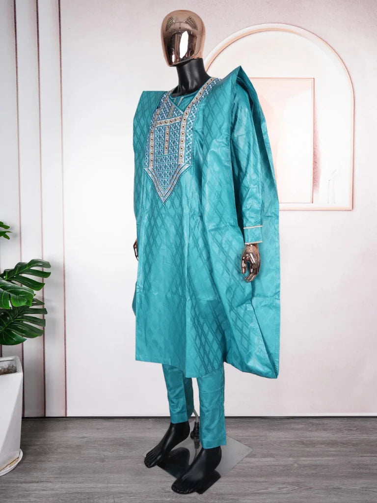 Luxury African Men’s Green Agbada Outfit – Bazin Riche Dashiki Shirt, Pants and Robe Suit - Free Delivery Worldwide only at Flexi Africa