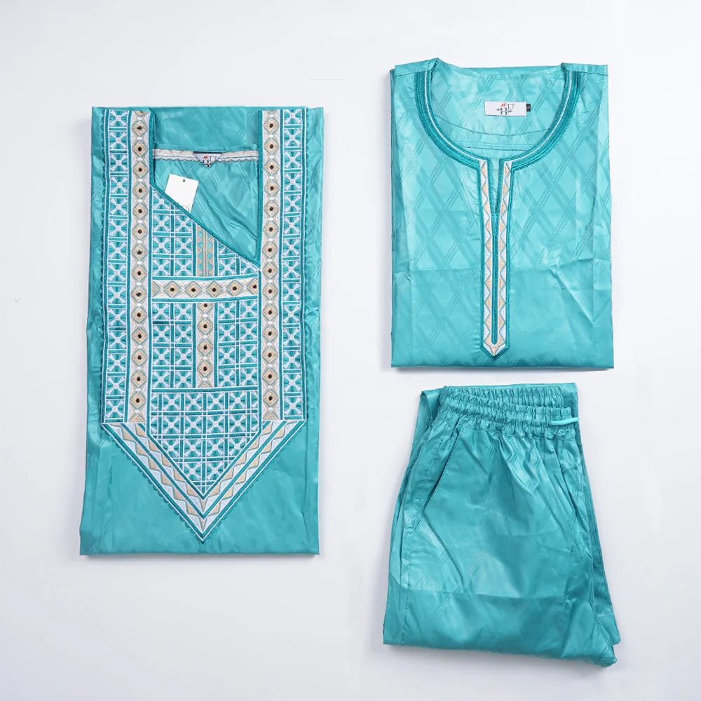Luxury African Men’s Green Agbada Outfit – Bazin Riche Dashiki Shirt, Pants and Robe Suit - Free Delivery Worldwide only at Flexi Africa