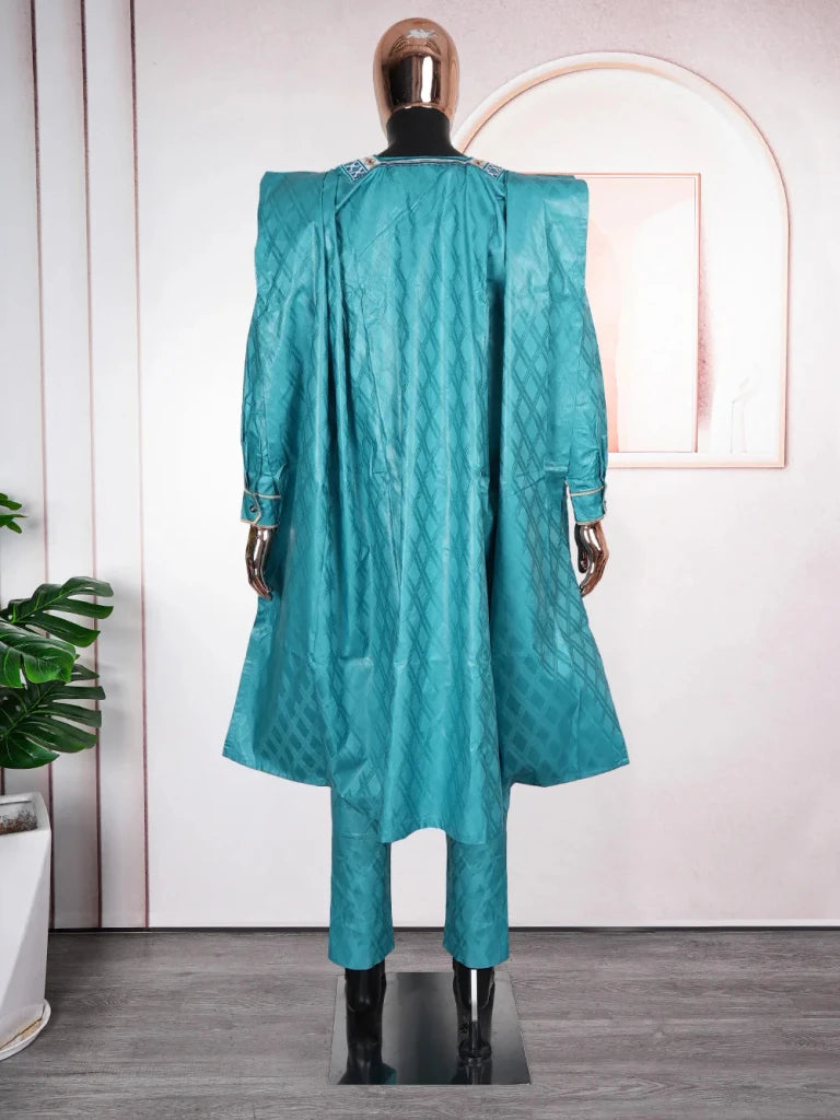 Luxury African Men’s Green Agbada Outfit – Bazin Riche Dashiki Shirt, Pants and Robe Suit - Free Delivery Worldwide only at Flexi Africa