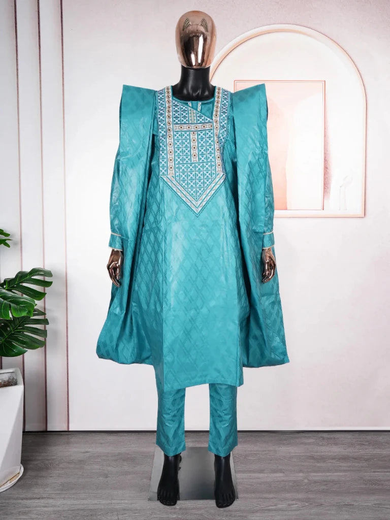 Luxury African Men’s Green Agbada Suit – Bazin Riche Dashiki Shirt, Pants and Robe Set - Free Delivery Worldwide only at Flexi Africa