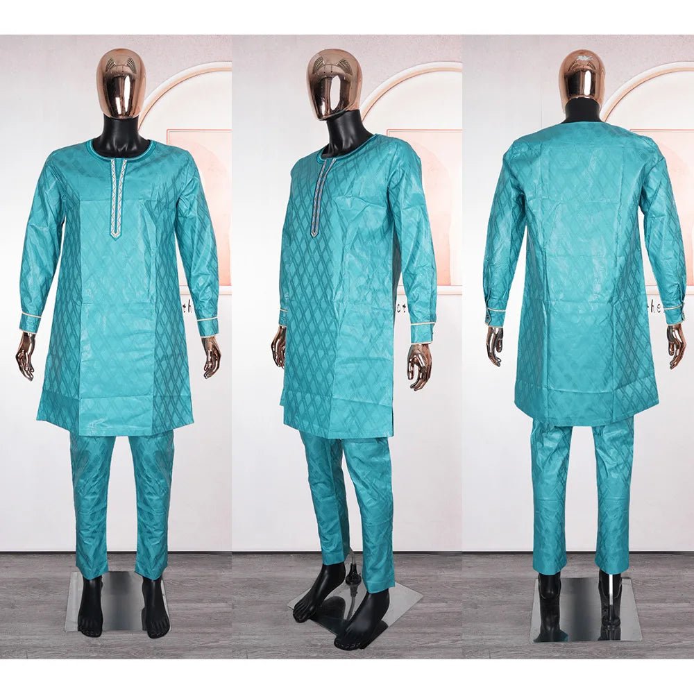 Luxury African Men’s Green Agbada Suit – Bazin Riche Dashiki Shirt, Pants and Robe Set - Free Delivery Worldwide only at Flexi Africa