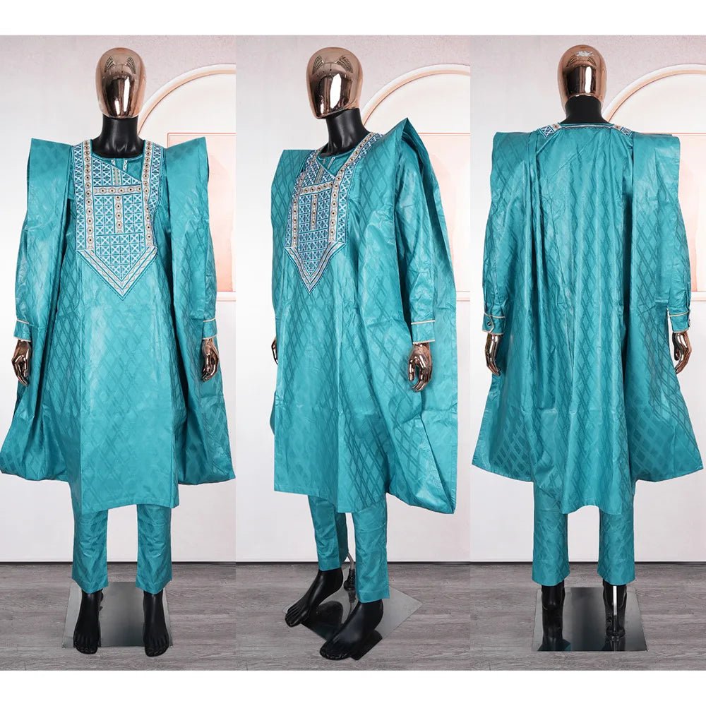 Luxury African Men’s Green Agbada Suit – Bazin Riche Dashiki Shirt, Pants and Robe Set - Free Delivery Worldwide only at Flexi Africa