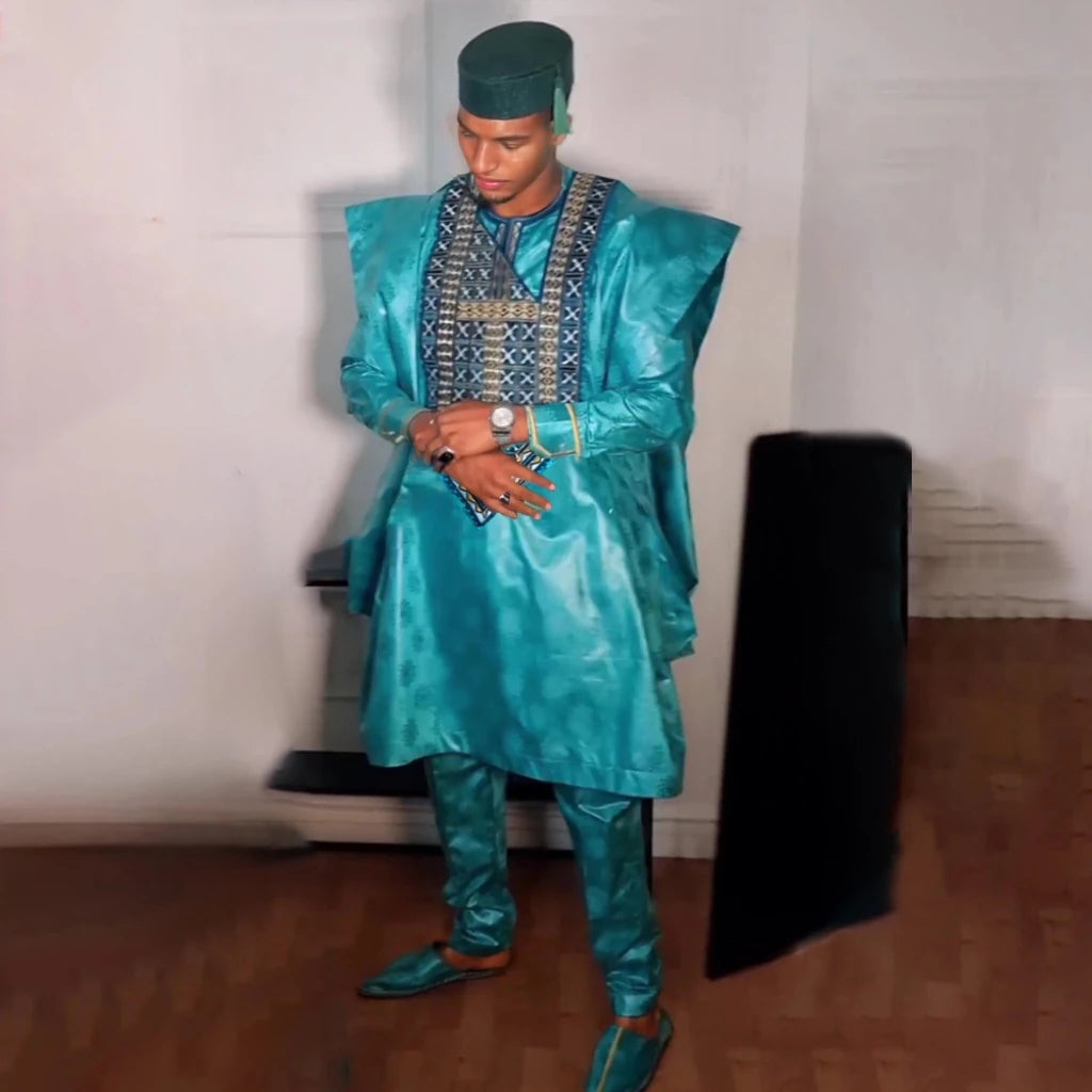 Luxury African Men’s Green Agbada Suit – Bazin Riche Dashiki Shirt, Pants and Robe Set - Free Delivery Worldwide only at Flexi Africa