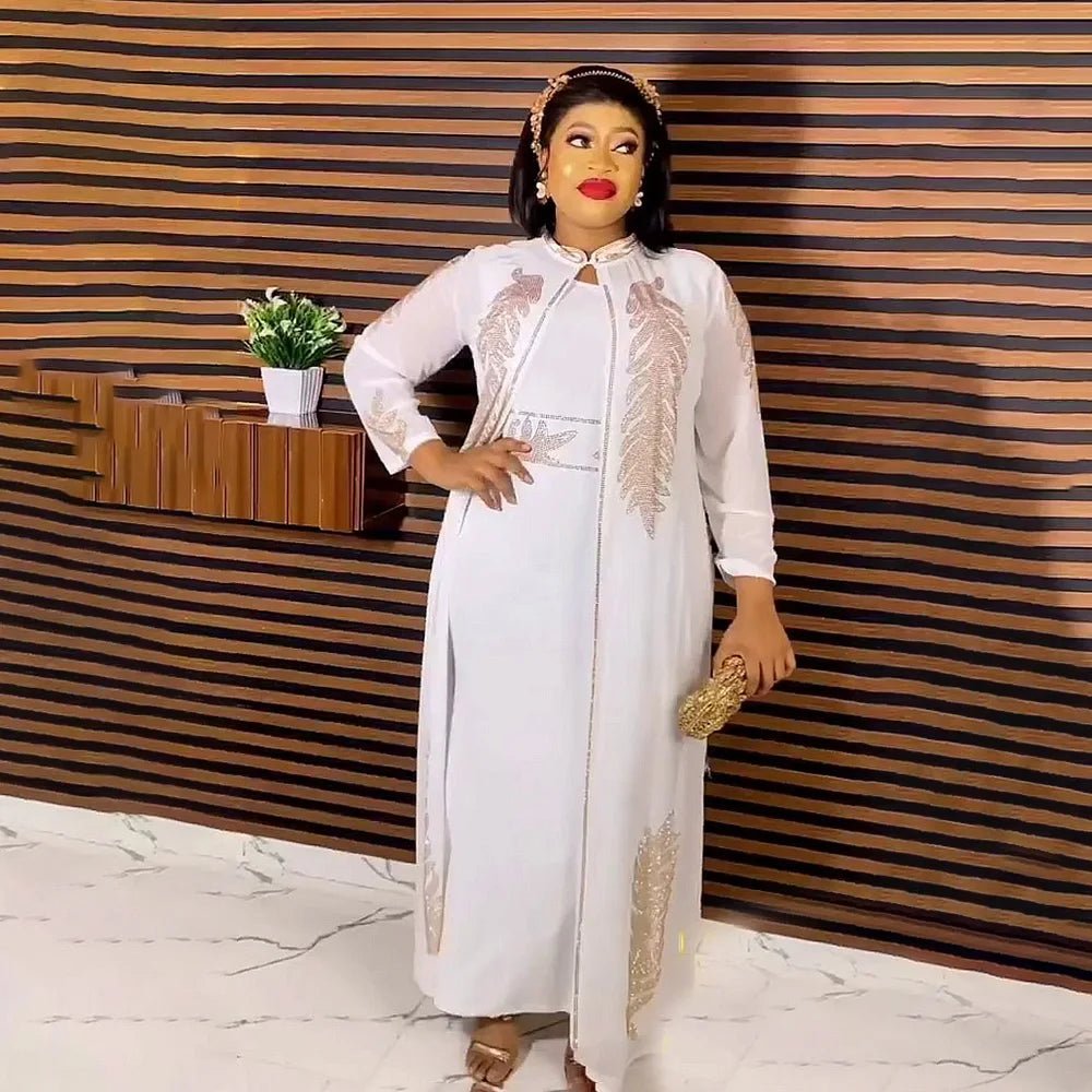 Luxury African Rhinestone Robe & Elastic Inner Skirt 2PC Set – Long Sleeve Front and Back Crystal Detailing - Free Delivery Worldwide only at Flexi Africa