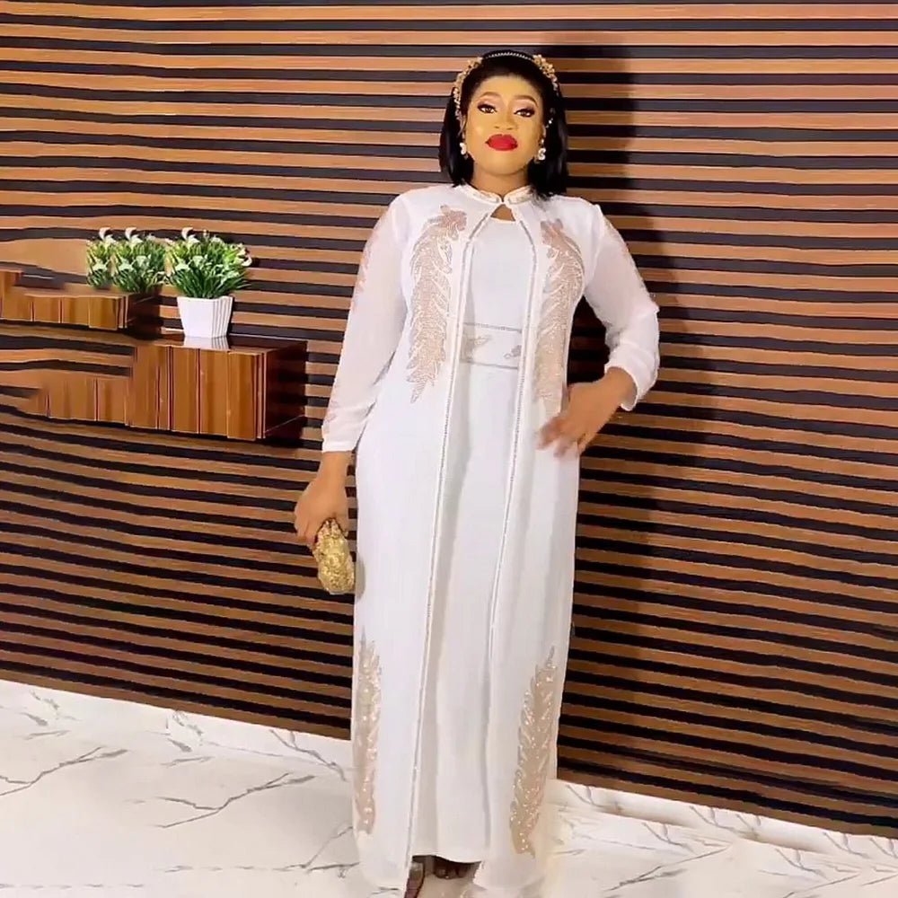 Luxury African Rhinestone Robe & Elastic Inner Skirt 2PC Set – Long Sleeve Front and Back Crystal Detailing - Free Delivery Worldwide only at Flexi Africa