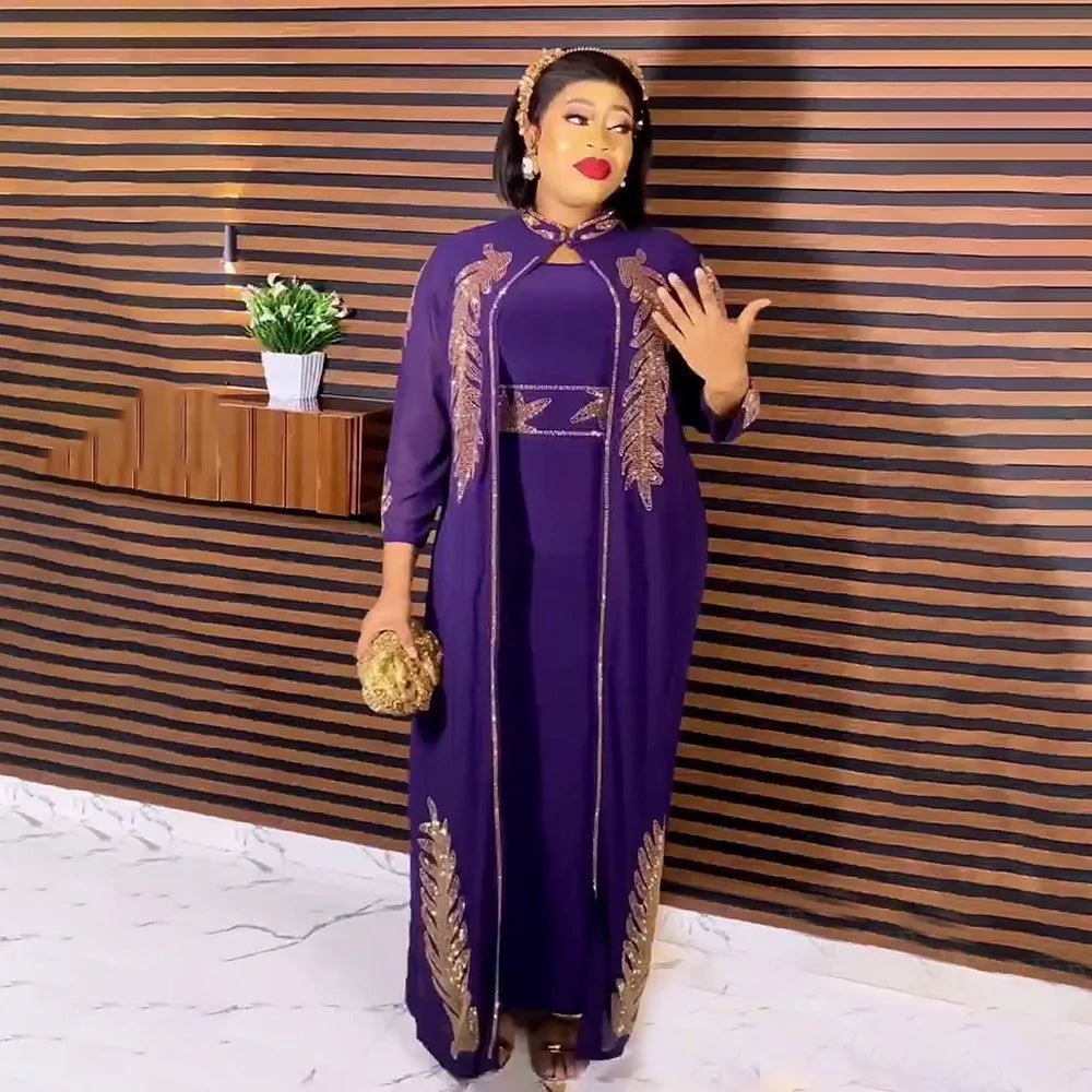 Luxury African Rhinestone Robe & Elastic Inner Skirt 2PC Set – Long Sleeve Front and Back Crystal Detailing - Free Delivery Worldwide only at Flexi Africa