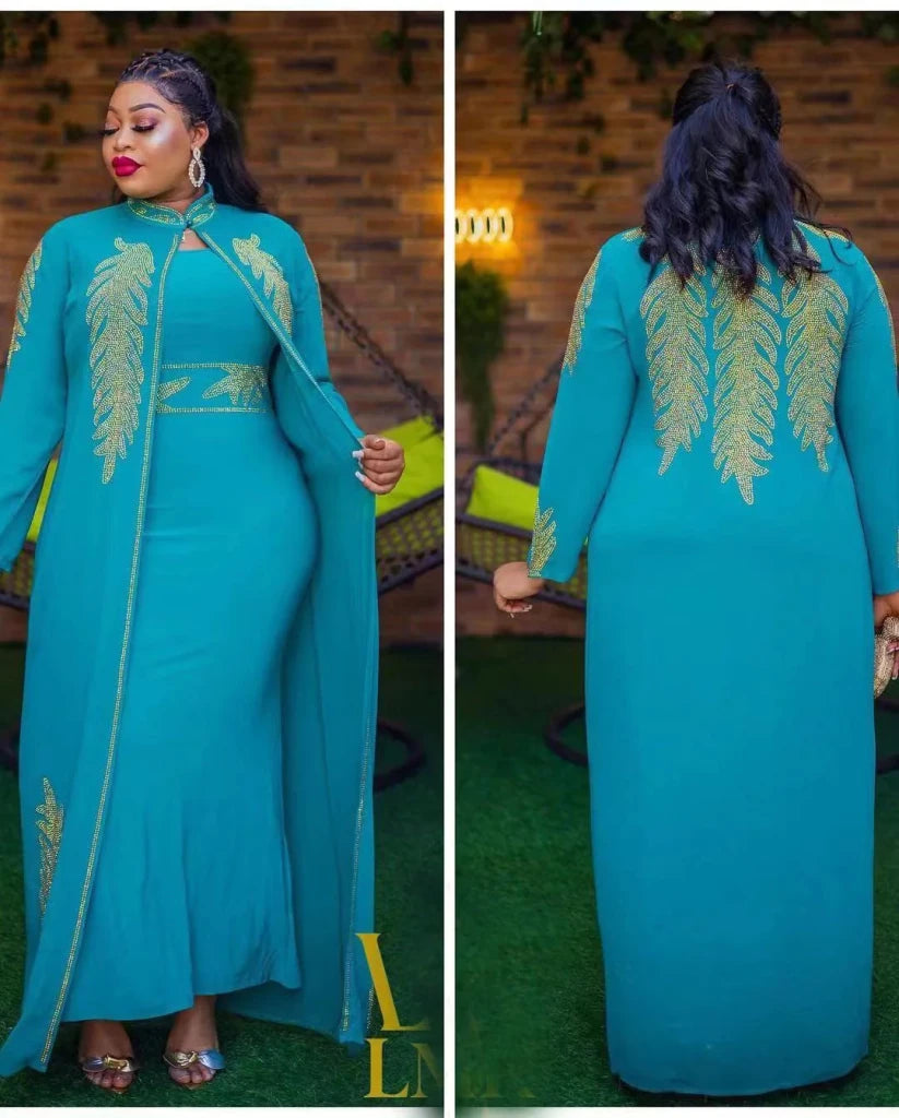 Luxury African Rhinestone Robe & Elastic Inner Skirt 2PC Set – Long Sleeve Front and Back Crystal Detailing - Free Delivery Worldwide only at Flexi Africa