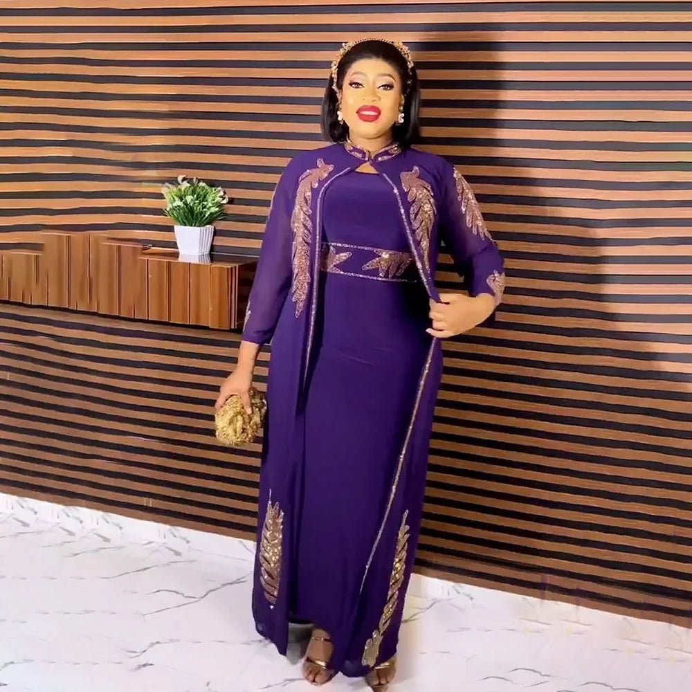Luxury African Rhinestone Robe & Elastic Inner Skirt 2PC Set – Long Sleeve Front and Back Crystal Detailing - Free Delivery Worldwide only at Flexi Africa