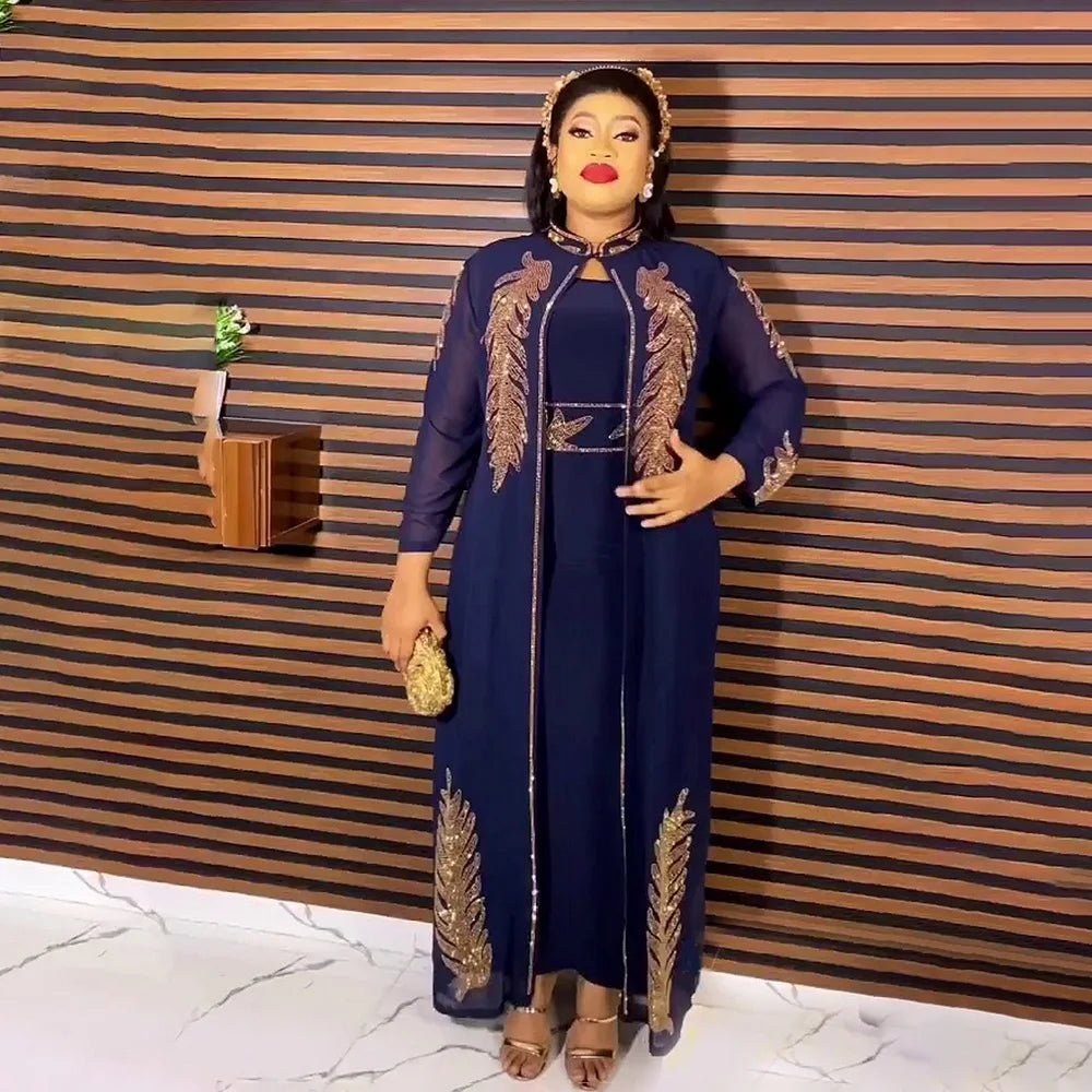 Luxury African Rhinestone Robe & Elastic Inner Skirt 2PC Set – Long Sleeve Front and Back Crystal Detailing - Free Delivery Worldwide only at Flexi Africa