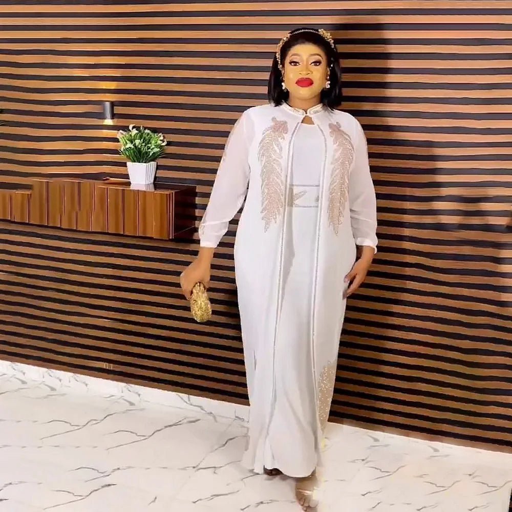 Luxury African Rhinestone Robe & Elastic Inner Skirt 2PC Set – Long Sleeve Front and Back Crystal Detailing - Free Delivery Worldwide only at Flexi Africa