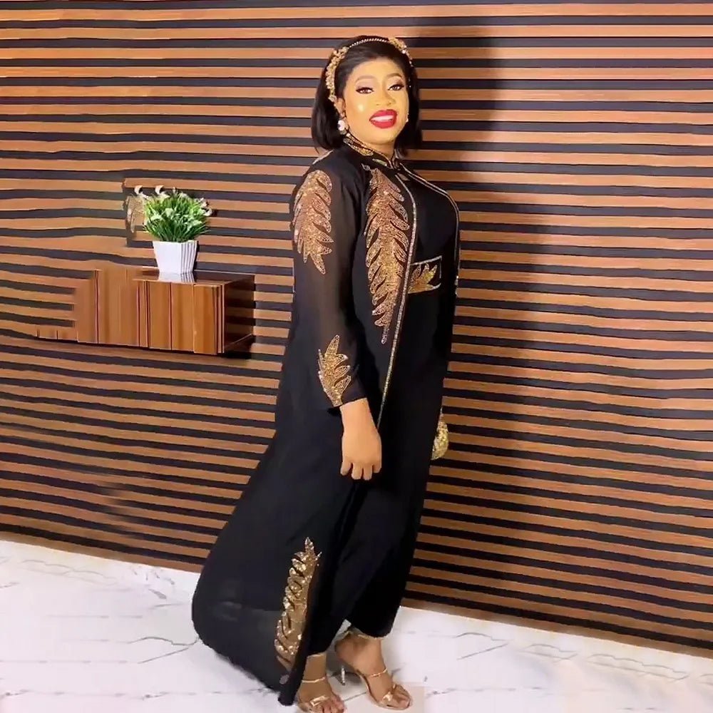 Luxury African Rhinestone Robe & Elastic Inner Skirt 2PC Set – Long Sleeve Front and Back Crystal Detailing - Free Delivery Worldwide only at Flexi Africa