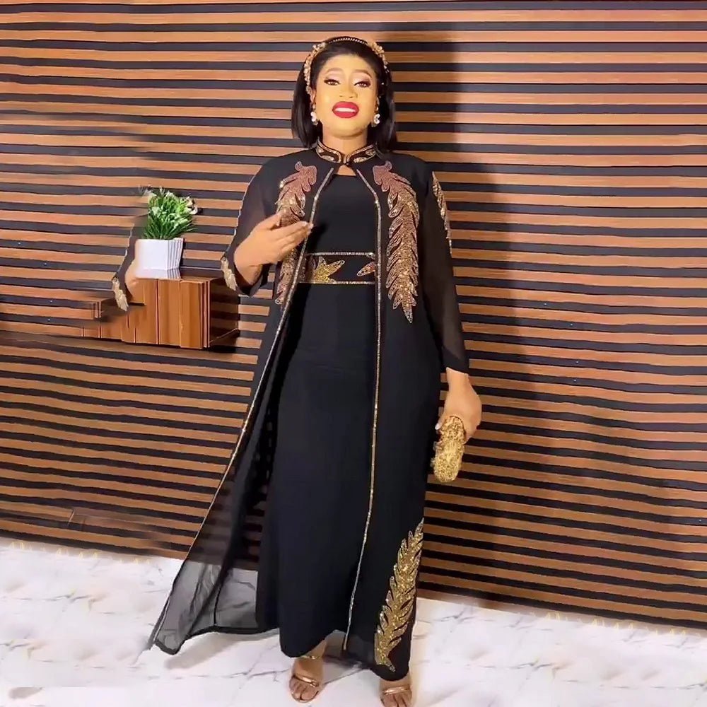 Luxury African Rhinestone Robe & Elastic Inner Skirt 2PC Set – Long Sleeve Front and Back Crystal Detailing - Free Delivery Worldwide only at Flexi Africa