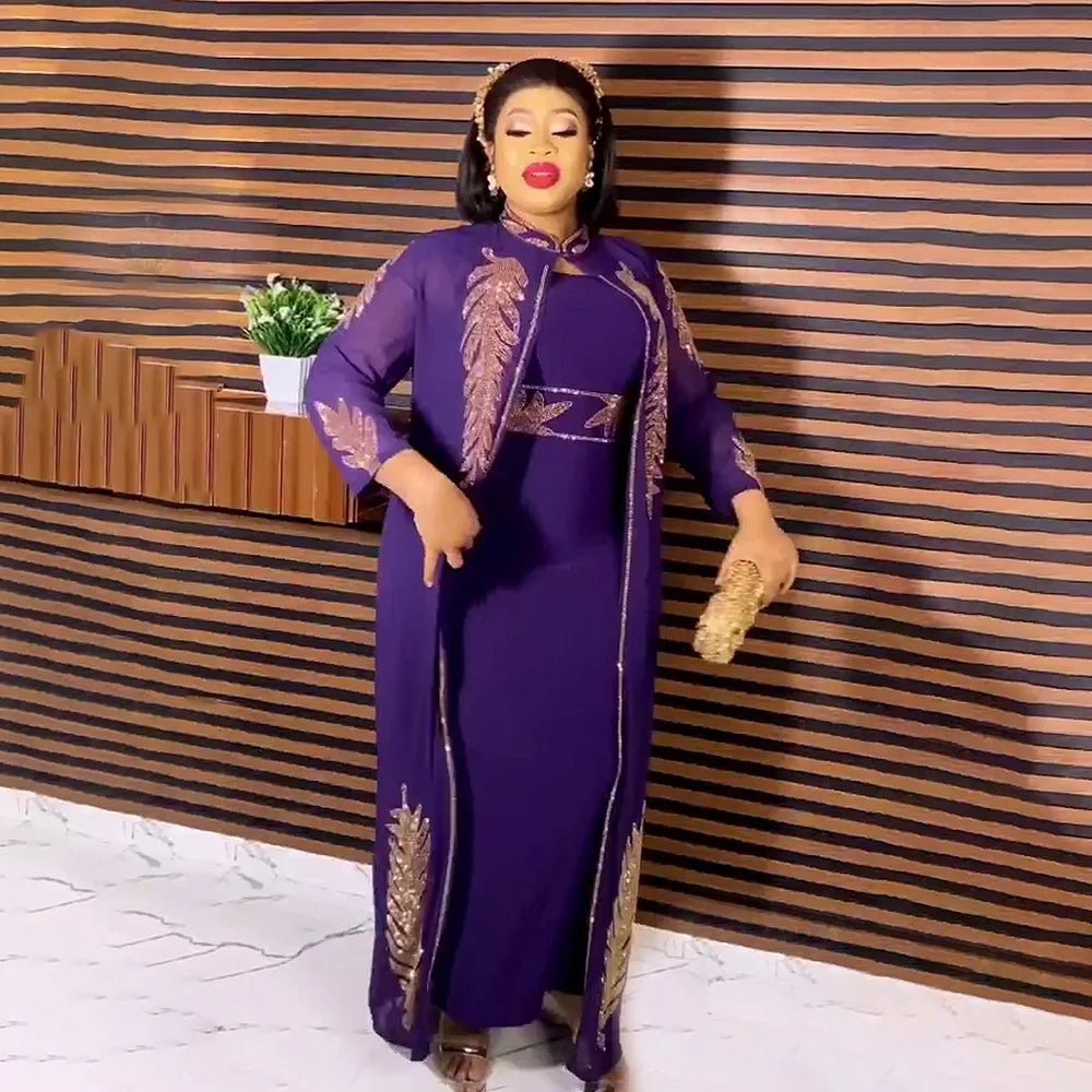 Luxury African Rhinestone Robe & Elastic Inner Skirt 2PC Set – Long Sleeve Front and Back Crystal Detailing - Free Delivery Worldwide only at Flexi Africa