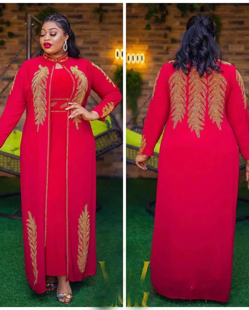 Luxury African Rhinestone Robe & Elastic Inner Skirt 2PC Set – Long Sleeve Front and Back Crystal Detailing - Free Delivery Worldwide only at Flexi Africa