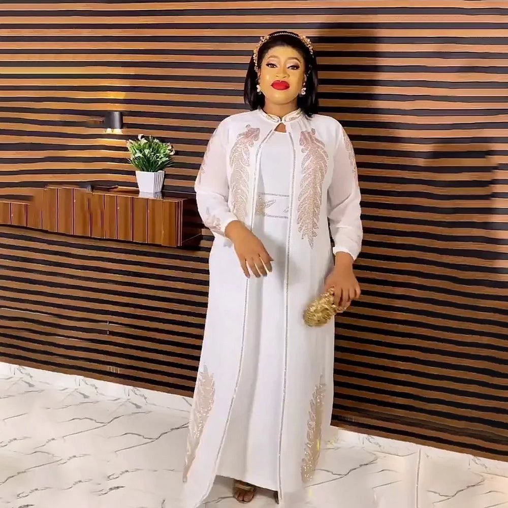 Luxury African Rhinestone Robe & Elastic Inner Skirt 2PC Set – Long Sleeve Front and Back Crystal Detailing - Free Delivery Worldwide only at Flexi Africa