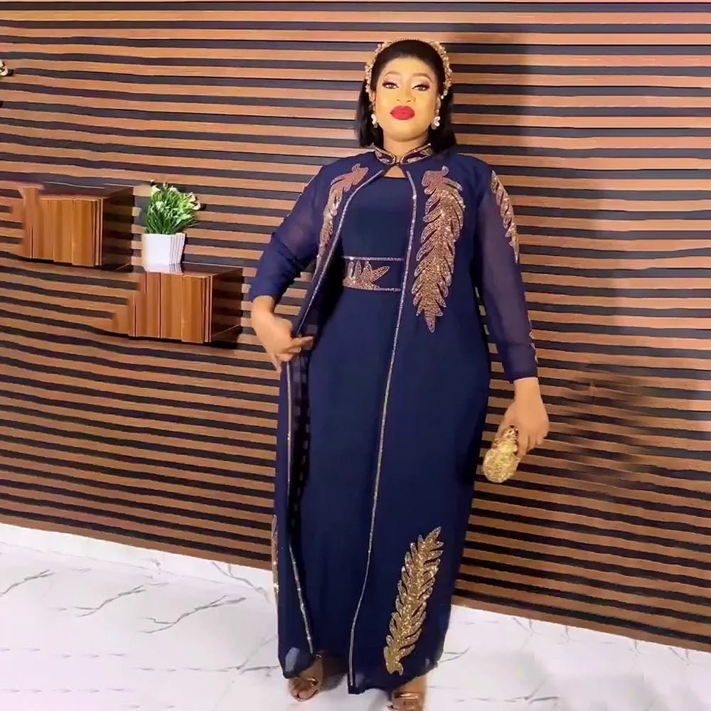Luxury African Rhinestone Robe & Elastic Inner Skirt 2PC Set – Long Sleeve Front and Back Crystal Detailing - Free Delivery Worldwide only at Flexi Africa
