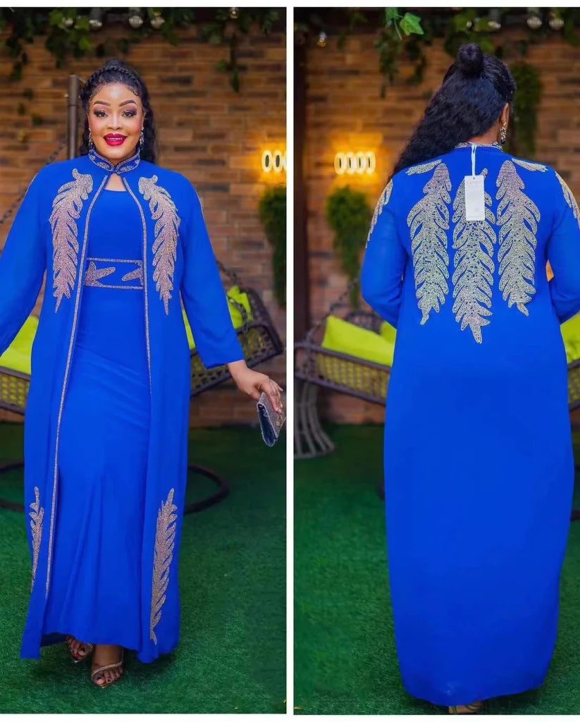 Luxury African Rhinestone Robe & Elastic Inner Skirt 2PC Set – Long Sleeve Front and Back Crystal Detailing - Free Delivery Worldwide only at Flexi Africa