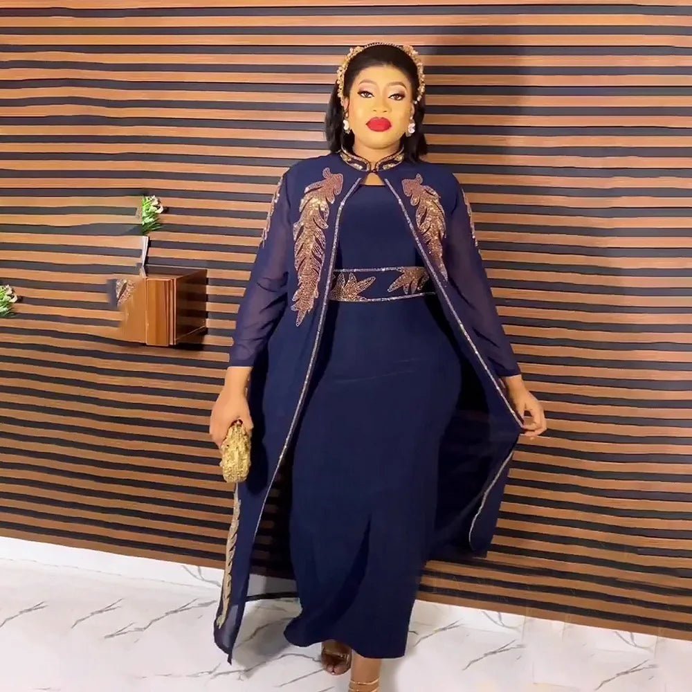 Luxury African Rhinestone Robe & Elastic Inner Skirt 2PC Set – Long Sleeve Front and Back Crystal Detailing - Free Delivery Worldwide only at Flexi Africa