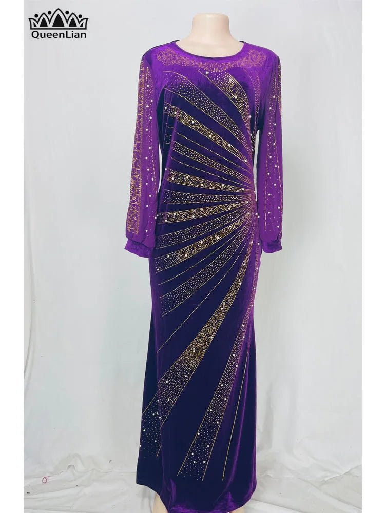 Luxury African Velvet Dress for Women – Pearl Diamond Embellished Long Tight Fashion Dress - Free Delivery Worldwide only at Flexi Africa