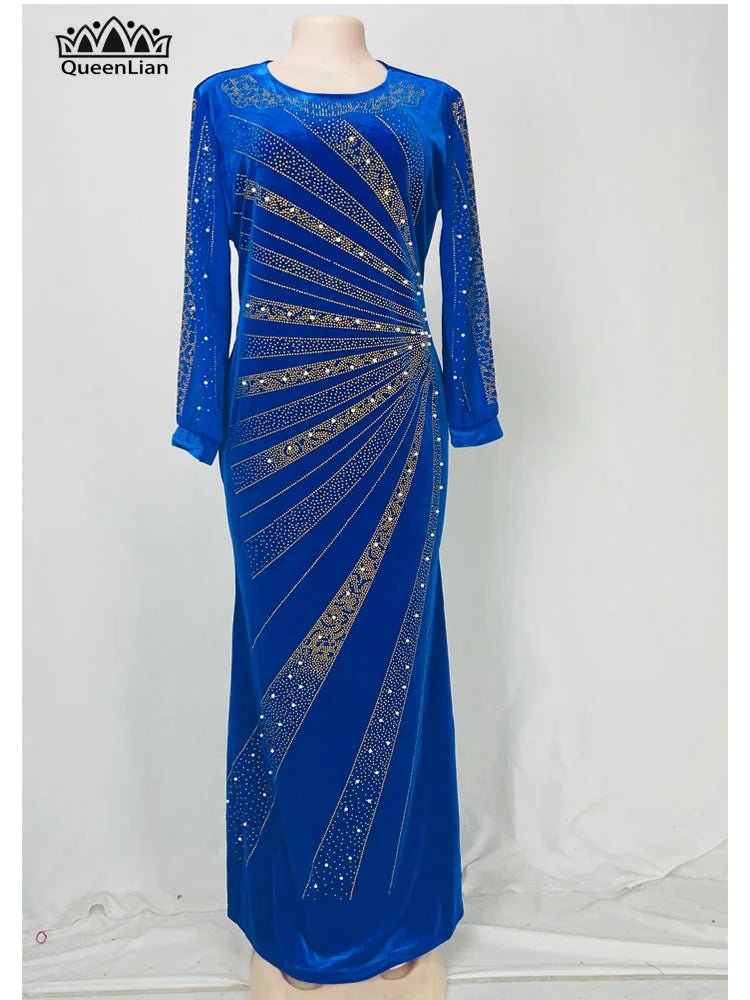 Luxury African Velvet Dress for Women – Pearl Diamond Embellished Long Tight Fashion Dress - Free Delivery Worldwide only at Flexi Africa