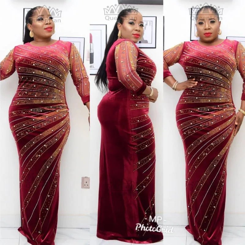 Luxury African Velvet Dress for Women – Pearl Diamond Embellished Long Tight Fashion Dress - Free Delivery Worldwide only at Flexi Africa