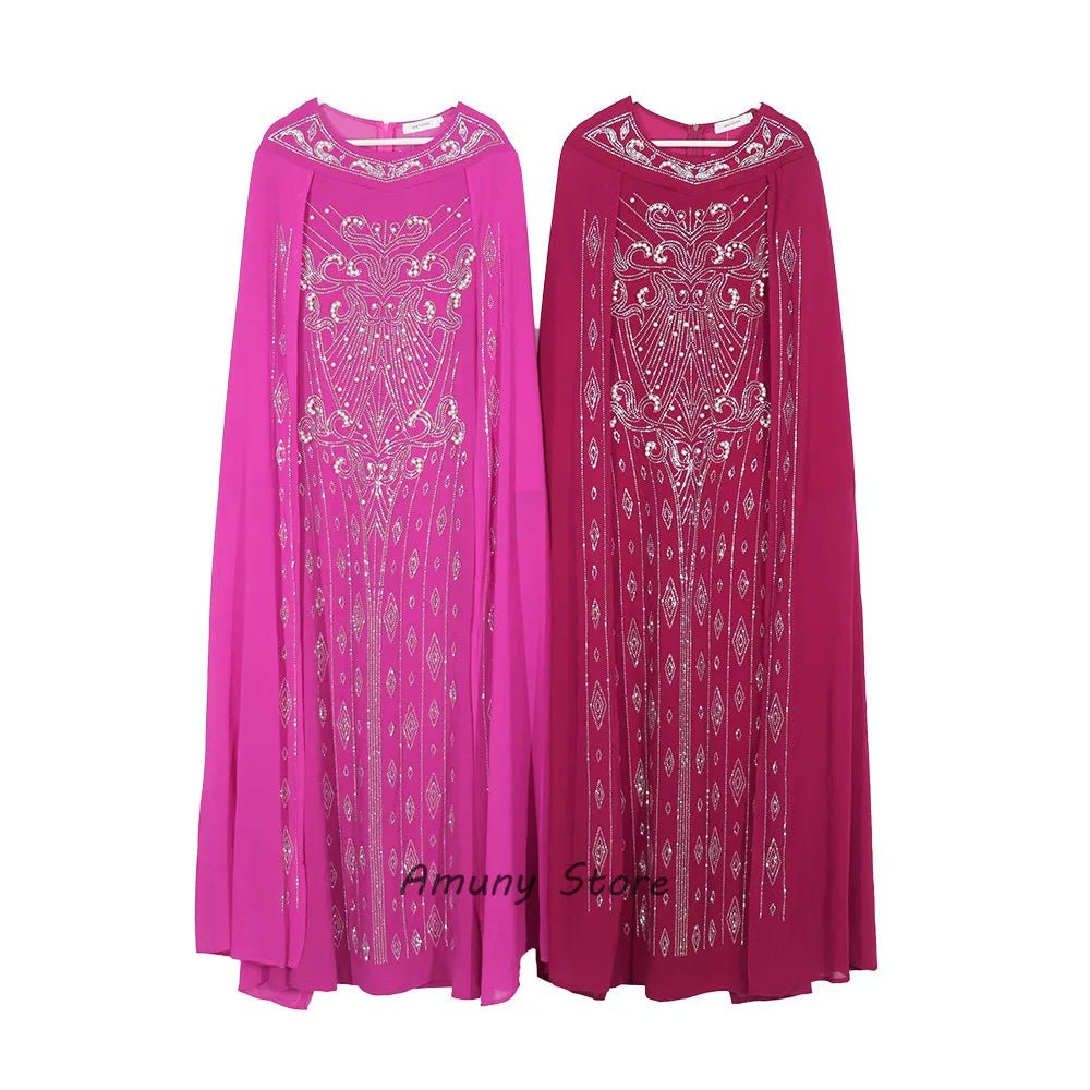 Luxury African Women’s Rhinestone Beaded Chiffon Fishtail Maxi Dress with Cloak – Plus Size - Free Delivery Worldwide only at Flexi Africa