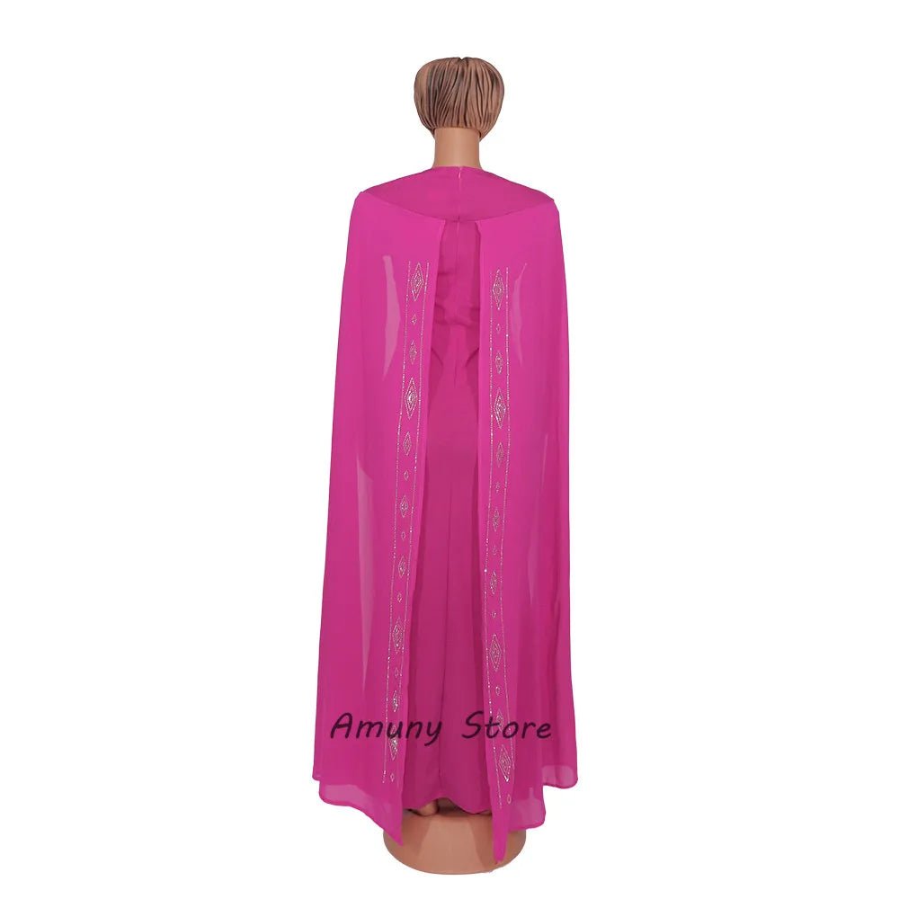 Luxury African Women’s Rhinestone Beaded Chiffon Fishtail Maxi Dress with Cloak – Plus Size - Free Delivery Worldwide only at Flexi Africa
