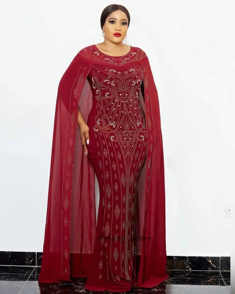 Luxury African Women’s Rhinestone Beaded Chiffon Fishtail Maxi Dress with Cloak – Plus Size - Free Delivery Worldwide only at Flexi Africa