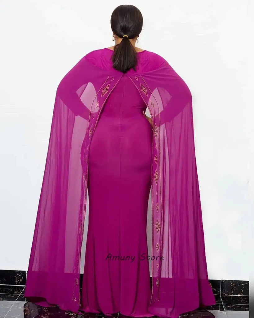 Luxury African Women’s Rhinestone Beaded Chiffon Fishtail Maxi Dress with Cloak – Plus Size - Free Delivery Worldwide only at Flexi Africa