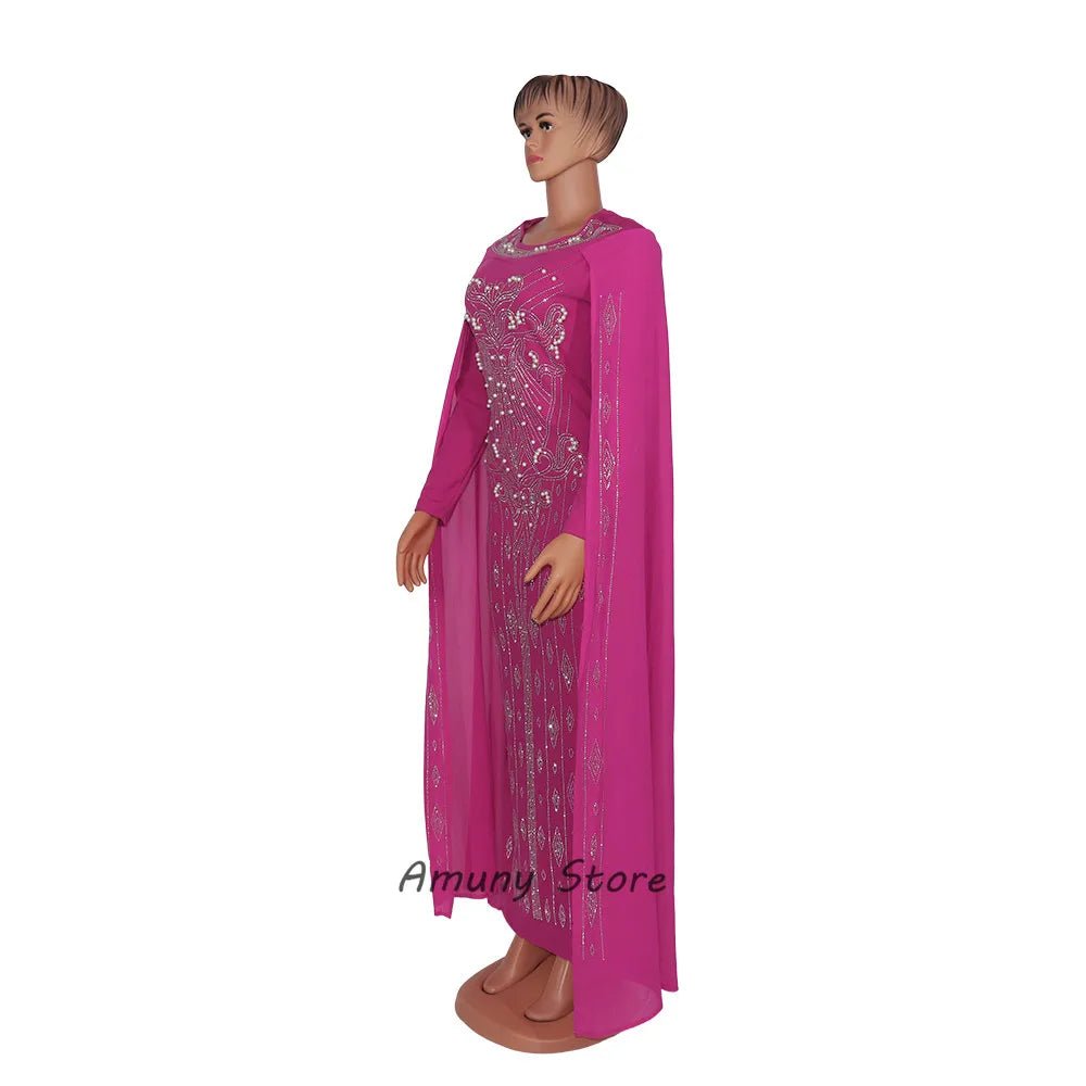 Luxury African Women’s Rhinestone Beaded Chiffon Fishtail Maxi Dress with Cloak – Plus Size - Free Delivery Worldwide only at Flexi Africa