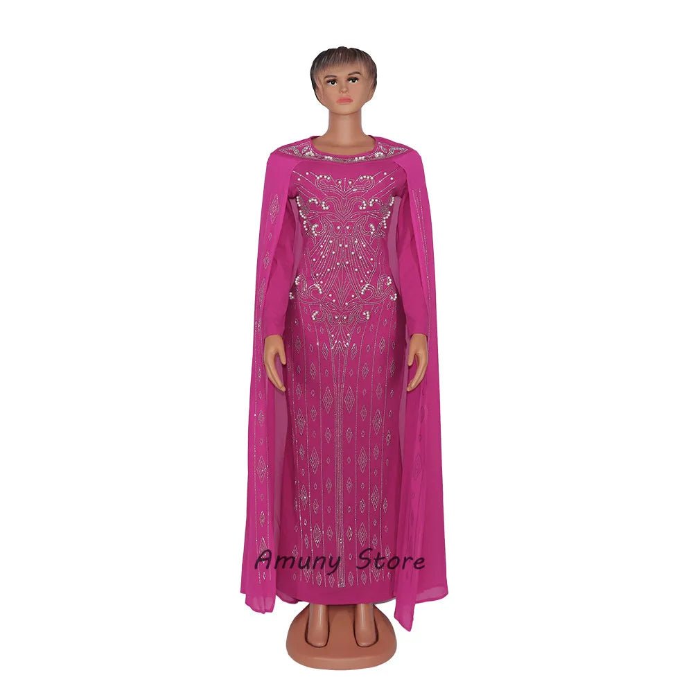 Luxury African Women’s Rhinestone Beaded Chiffon Fishtail Maxi Dress with Cloak – Plus Size - Free Delivery Worldwide only at Flexi Africa
