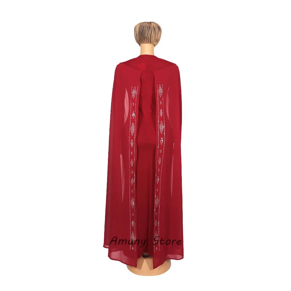 Luxury African Women’s Rhinestone Beaded Chiffon Fishtail Maxi Dress with Cloak – Plus Size - Free Delivery Worldwide only at Flexi Africa