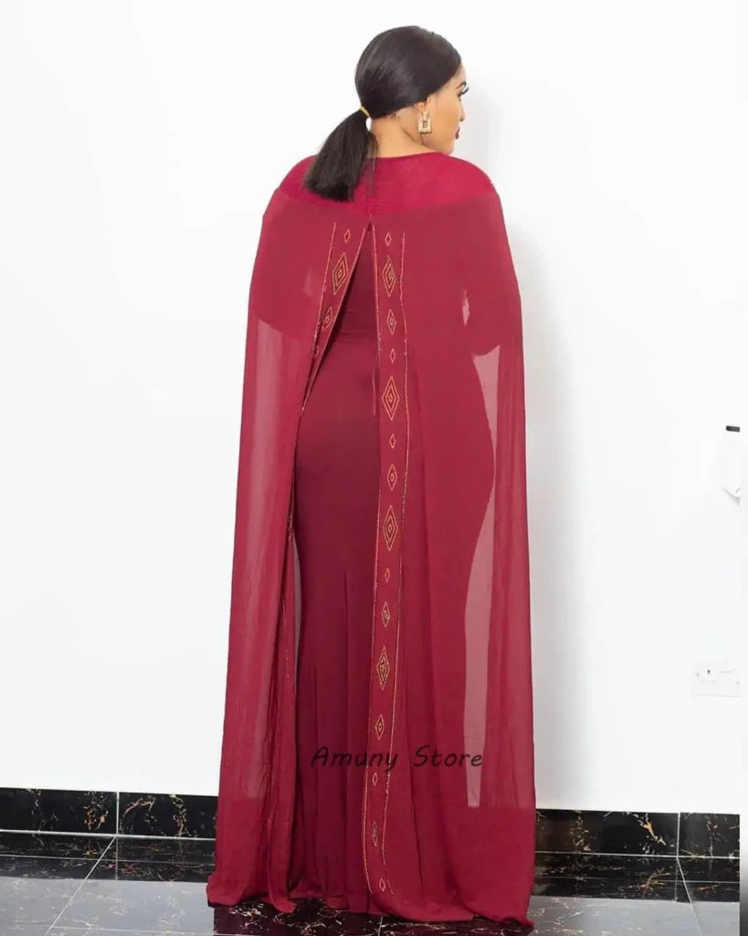Luxury African Women’s Rhinestone Beaded Chiffon Fishtail Maxi Dress with Cloak – Plus Size - Free Delivery Worldwide only at Flexi Africa