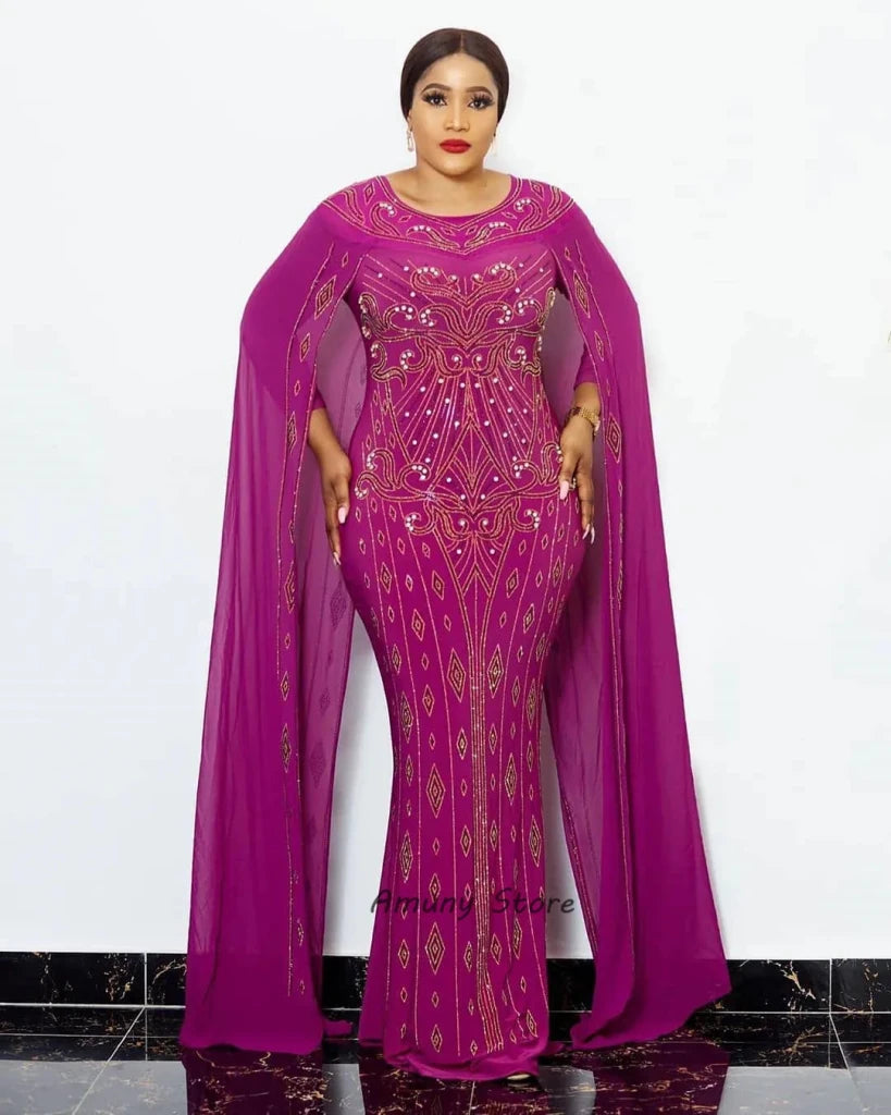 Luxury African Women’s Rhinestone Beaded Chiffon Fishtail Maxi Dress with Cloak – Plus Size - Free Delivery Worldwide only at Flexi Africa