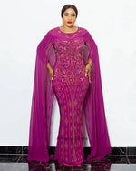 Luxury African Women’s Rhinestone Beaded Chiffon Fishtail Maxi Dress with Cloak – Plus Size - Free Delivery Worldwide only at Flexi Africa