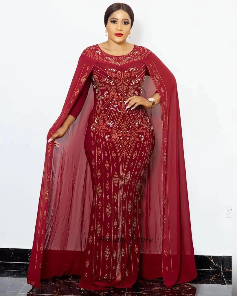 Luxury African Women’s Rhinestone Beaded Chiffon Fishtail Maxi Dress with Cloak – Plus Size - Free Delivery Worldwide only at Flexi Africa